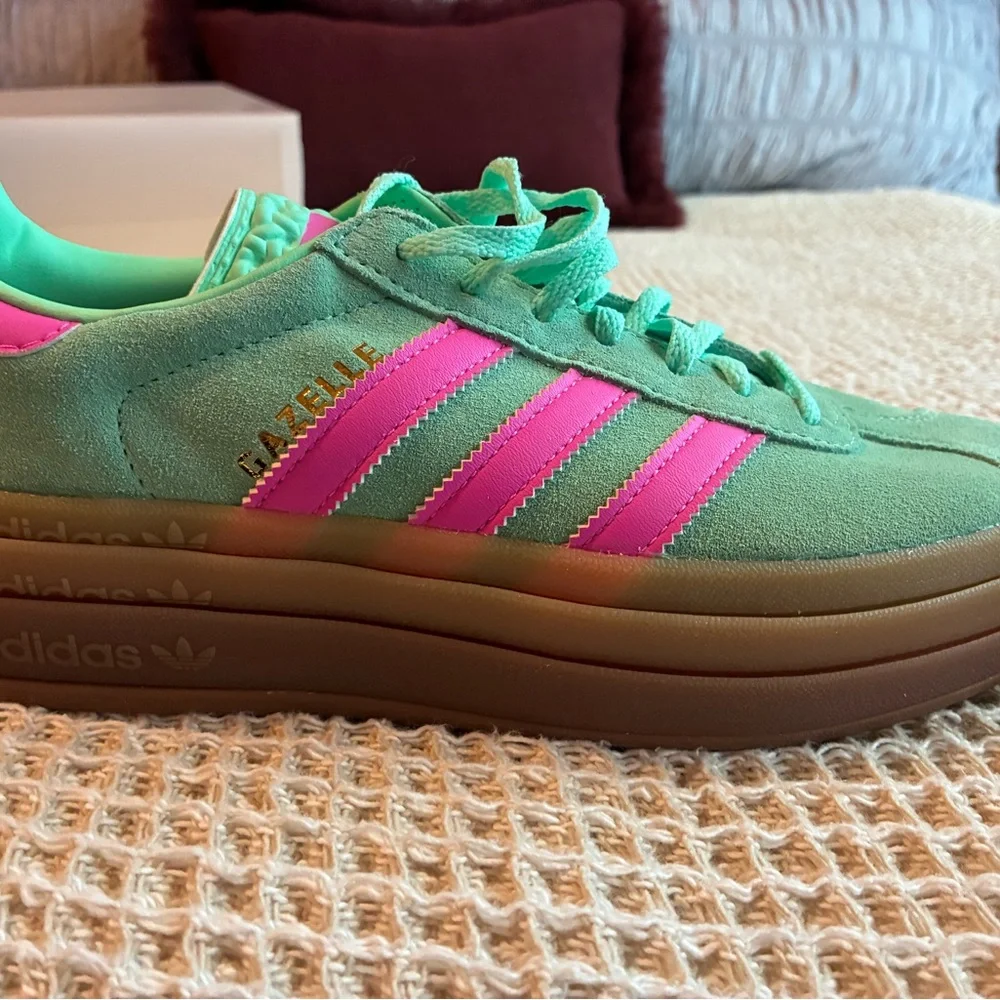 adidas mint green suede sneakers with pink stripes and gum platform